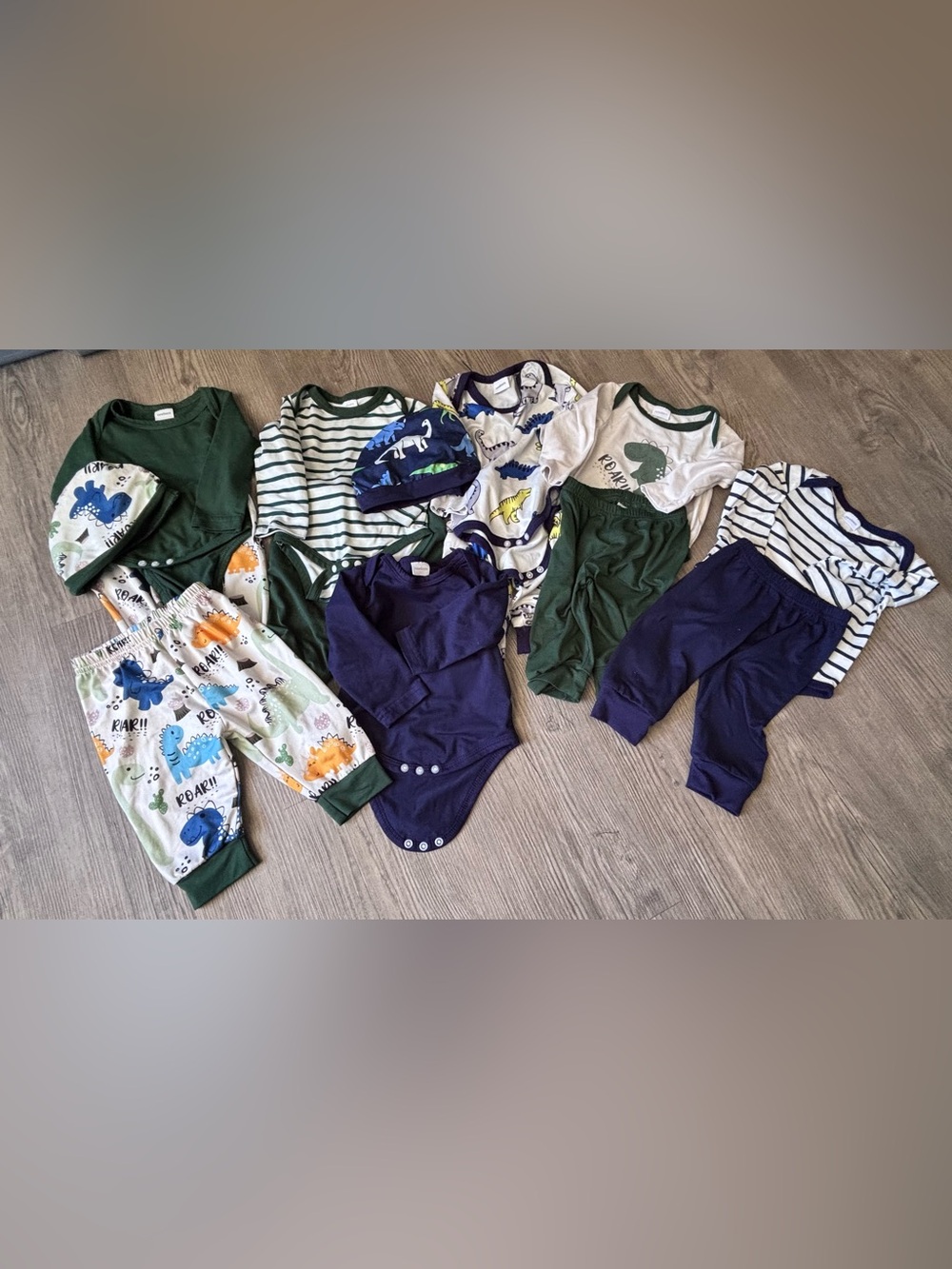 Navy, Forest Green & Cream Dinosaur sets, with extra onesie and pants . Two hats